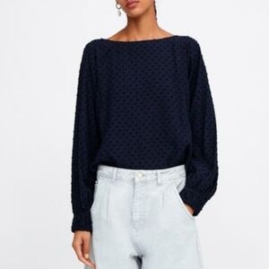 ZARA Navy blue Swiss Dot Dolman Sleeves Boat Neck Top